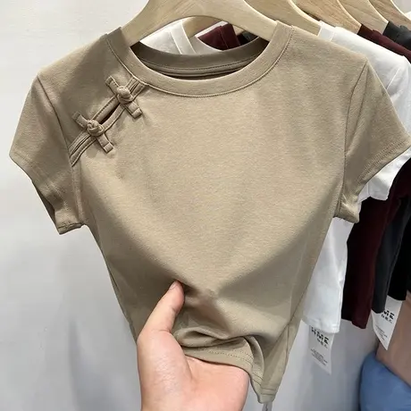 国风盘扣短袖T恤女夏装设计感小众修身打底衫短款紧身上衣体恤潮商品大图