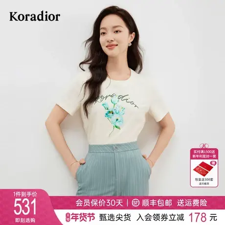 珂莱蒂尔女装2024春季新款通勤百搭印花设计感短袖圆领针织衫上衣图片