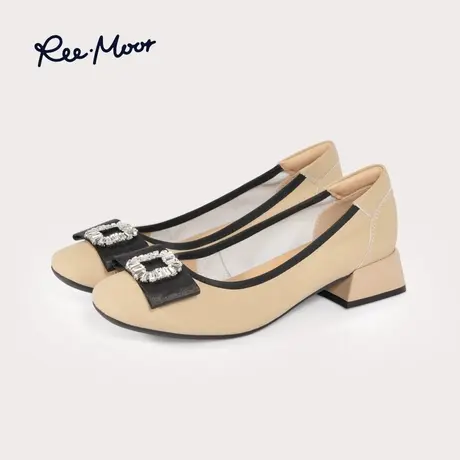 REEMOOR睿慕2024年春夏新款小香风水钻跟鞋通勤方扣粗跟单鞋女鞋商品大图