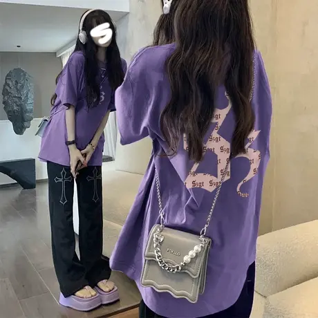 紫色纯棉短袖t恤女夏季2023新款美式复古设计感小众宽松半袖上衣商品大图