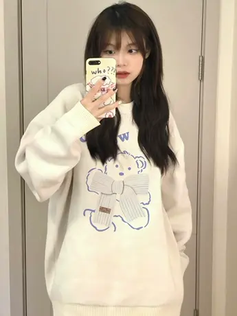 小熊圆领卫衣女小个子秋冬加绒加厚原创小众设计潮牌oversize上衣商品大图