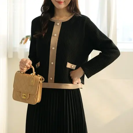 百洛安百搭撞色圆领长袖针织衫女2024春新款宽松舒适套头毛衣上衣图片