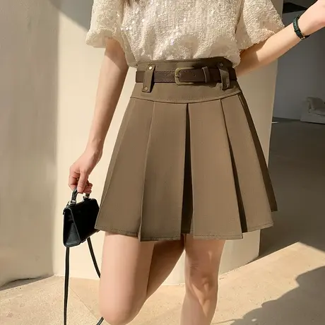 卡其色百褶短裙女2024新款西装小个子高腰显瘦a字半身裙春夏外穿图片