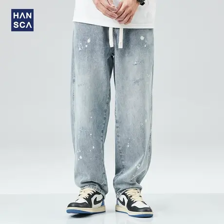 hansca美式高街设计感泼墨破洞牛仔裤男春季潮牌宽松直筒拖地长裤商品大图
