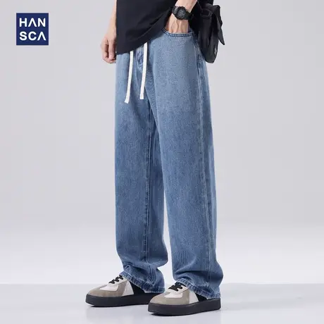 hansca直筒牛仔裤男春季新款美式复古水洗松紧腰抽绳垂感休闲裤子商品大图