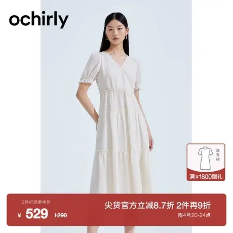 【新降】度假系列 欧时力 V领肌理连衣裙新夏泡泡袖法式小白裙图片