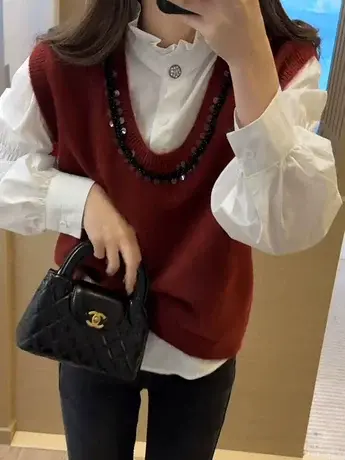 法式小香风红色针织马甲背心女2024春季新款高级感简约上衣马夹潮商品大图