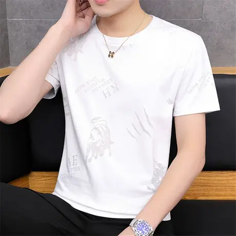 2024夏季新款男士短袖T恤百搭半袖时尚潮流圆领国风舒适青年上衣图片