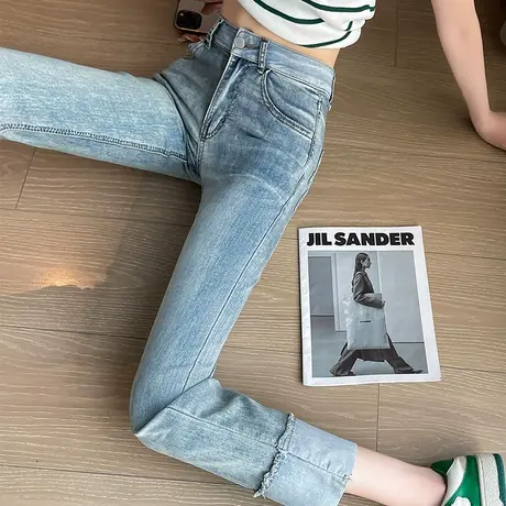 卷边九分窄版直筒牛仔裤女2023春季新款高腰显瘦小个子法棍烟管裤商品大图