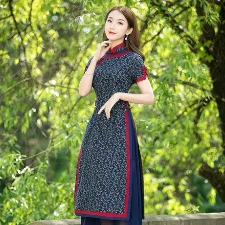 奥黛旗袍2022年新款年轻款改良连衣裙遮肚法式休闲复古时尚裙子图片