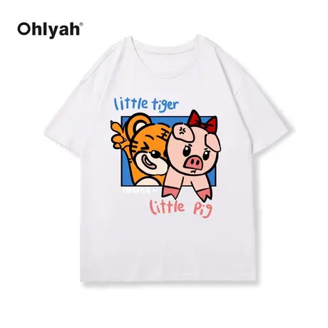 Ohlyah2023年虎年t恤女春夏季新款时尚短袖情侣装本命年红色衣服图片