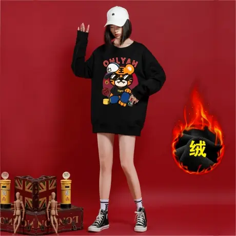 潮牌2023秋冬本命年小老虎印花新款圆领卫衣女宽松中长款黑色上衣商品大图