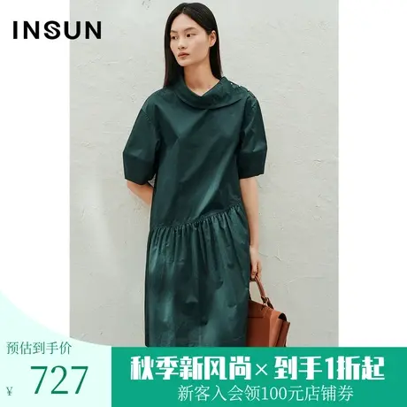 恩裳2023年夏款新款立体翻折领珍珠排扣装饰灯笼袖连衣裙图片