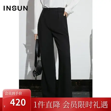 恩裳COVER2023年新款梭织裤子高腰直筒裤黑色阔腿弹力冰丝休闲裤图片