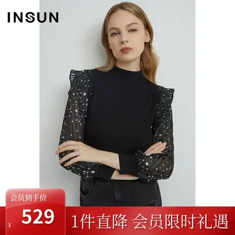 恩裳2022冬季潮流拼接梭织提花袖简约大方百搭毛织衫图片