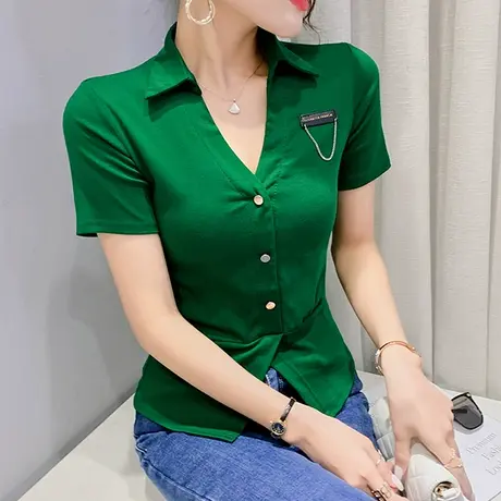 2023夏装新款气质POLO领T恤女短袖设计感开叉小衫洋气修身上衣ins图片