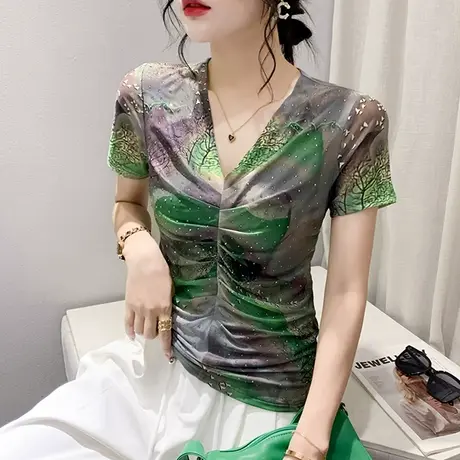 漂亮印花V领T恤女短袖性感气质网纱上衣时尚减龄小衫修身体恤夏装商品大图