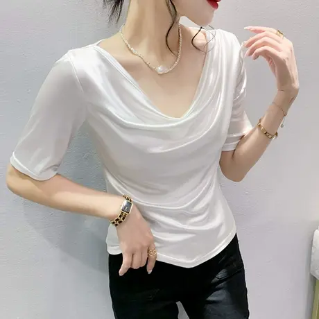 气质垂感一字领T恤女短袖2023夏装新款时尚个性网红上衣百搭小衫商品大图
