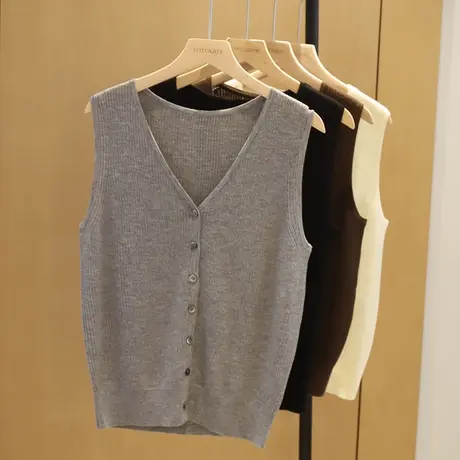 时尚V领马甲背心女初秋新款韩版百搭纯色无袖坎肩上衣外搭马夹商品大图