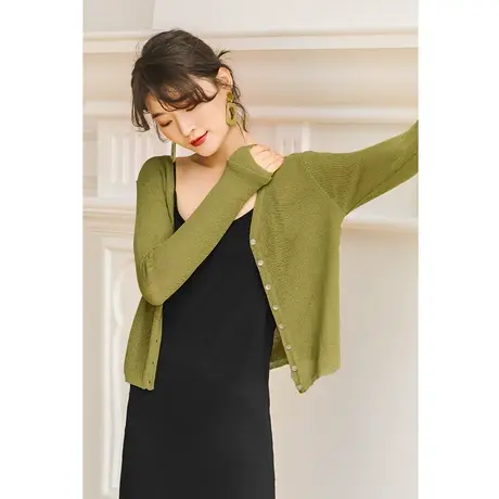 弥古绿色冰丝针织衫女v领防晒小开衫外套薄款夏季吊带裙外搭罩衫图片