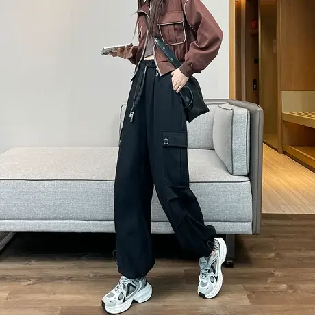 美式黑色工装裤女2023新款秋季高腰宽松阔腿裤休闲抽绳束脚运动裤商品大图