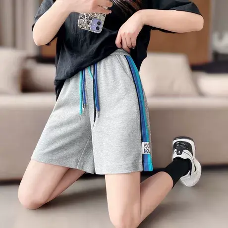 运动5分短裤女夏薄款高腰直筒宽松五分裤韩版小个子系带阔腿短裤图片