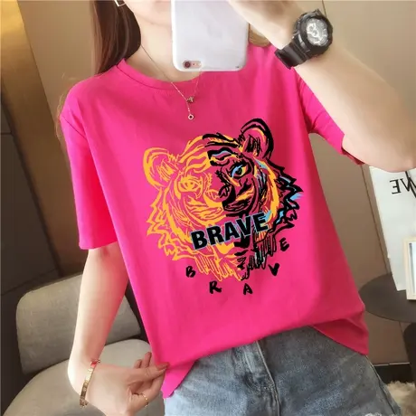 红色短袖女大码老虎头印花衣服2023虎年本命年宽松胖子薄款t恤女商品大图