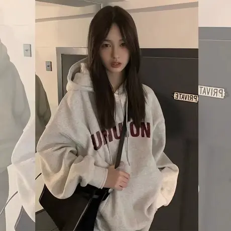 美式复古oversize潮牌卫衣女2023春秋薄款宽松慵懒风上衣连帽外套商品大图