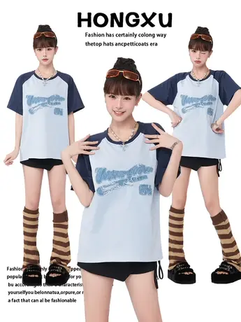 红续小众设计感牛仔贴布刺绣oversize撞色拼接插肩袖短袖T恤女潮图片