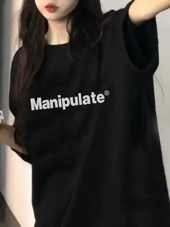 加大码夏季美式复古字仿棉短袖t恤女情侣装ins潮牌设计感小众上衣商品大图