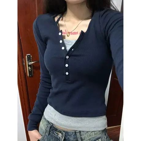 短款正肩假两件长袖T恤女秋季设计感小众修身洋气减龄打底衫上衣商品大图