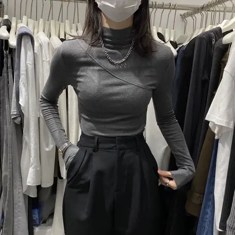 半高领打底衫女内搭欧货洋气2023新款秋冬设计感小众长袖t恤上衣图片