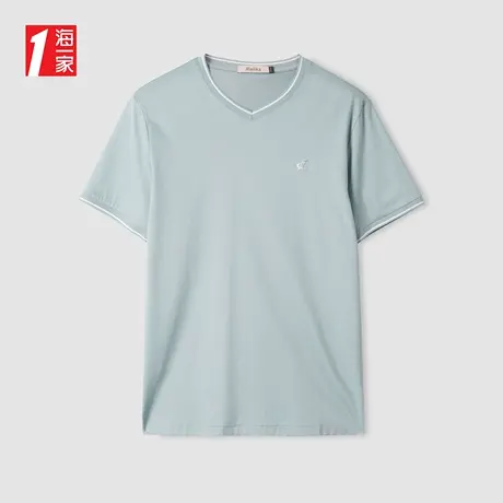 海一家简约撞色V领短T2023夏季新款舒适透气丝光棉短袖T恤男商品大图