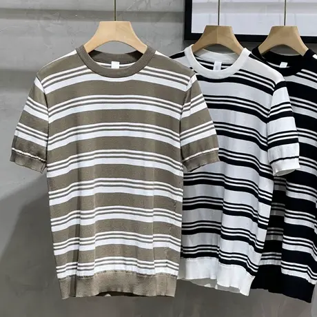 针织t恤男潮牌条纹圆领打底衫男春秋款男士短袖夏季2023新款潮流商品大图