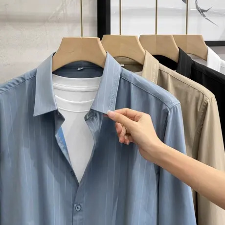 条纹衬衫男长袖春秋季新款抗皱免烫休闲衬衣男商务高级感刺绣寸衫商品大图