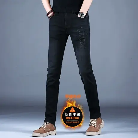 男士烫钻牛仔裤男款修身小脚轻奢薄绒保暖欧美裤子男百搭高端潮牌商品大图