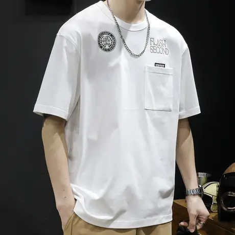 重磅口袋短袖t恤男士半袖上衣潮牌大码2023新款男装白色体恤夏季图片