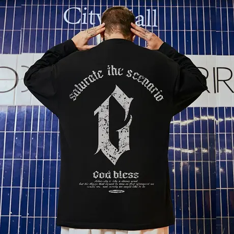 春秋季重磅长袖T恤男休闲宽松圆领打底衫美式纯棉大码百搭上衣夏商品大图