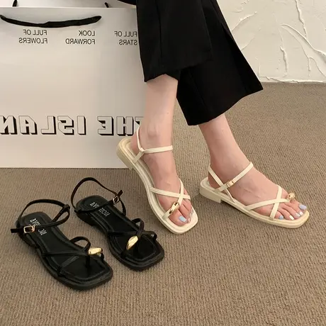 罗马凉鞋女2023年新款夏季低粗跟配裙子平底一字带套趾法式沙滩鞋商品大图