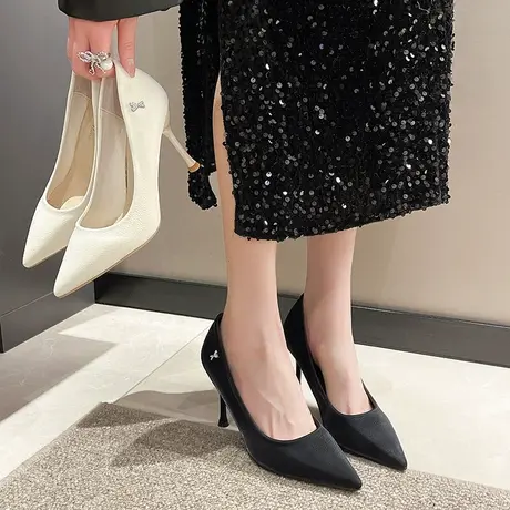 法式细跟职业单鞋女春秋新款2023年一脚蹬女鞋子小个子浅口高跟鞋商品大图