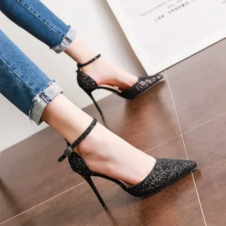 高跟鞋新款凉鞋百搭夏水钻尖头中空一字带细跟单鞋女仙女春季2023商品大图