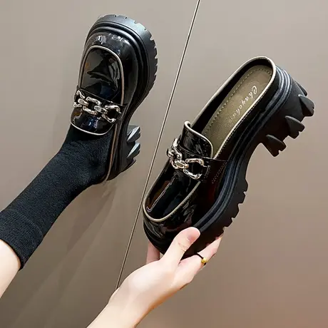 无后跟小皮鞋女ins潮2023春新款厚底增高包头半拖鞋英伦风懒人托商品大图