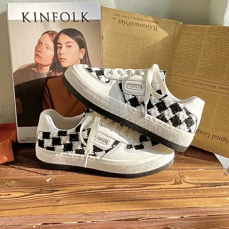 小众原创2021春季小白帆布鞋女黑白百搭棋盘格子鞋厚底板鞋ins潮图片