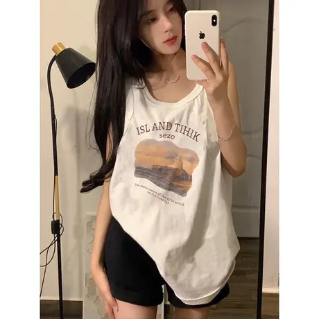 纯棉吊带运动坎肩背心无袖t恤女夏季设计感小众外穿宽松挂脖上衣商品大图