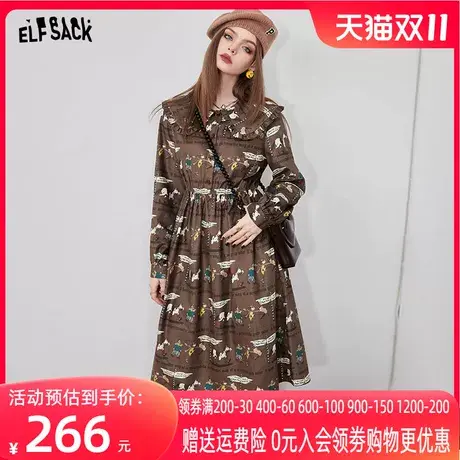 妖精的口袋复古印花娃娃领连衣裙女2022秋冬新款长袖内搭收腰裙子商品大图