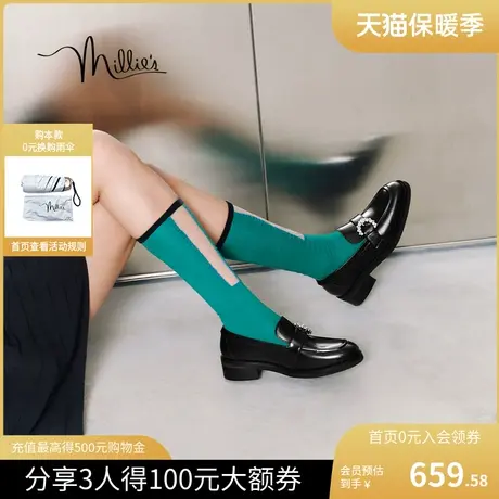 millie's妙丽23秋新款白色软底牛皮乐福鞋皮鞋粗跟女单鞋88532CA3商品大图