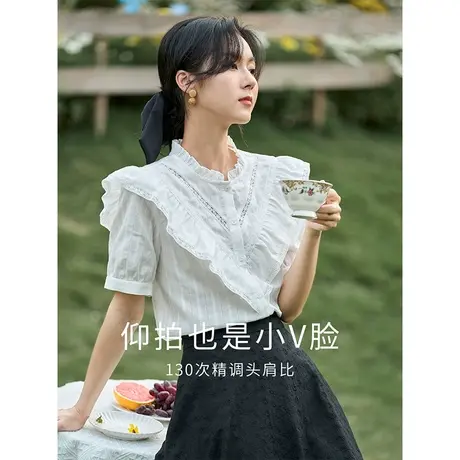 茵曼法式短袖衬衫女夏季2023新款设计感小众花边气质薄款纯棉衬衣图片
