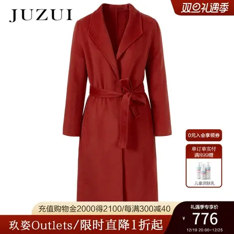 JZ玖姿奥莱纯羊毛双面呢春季新款女气质保暖中长款系带毛呢外套商品大图