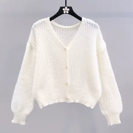 温柔风短款针织开衫女2023年早春新款v领薄款洋气设计感毛衣外套图片