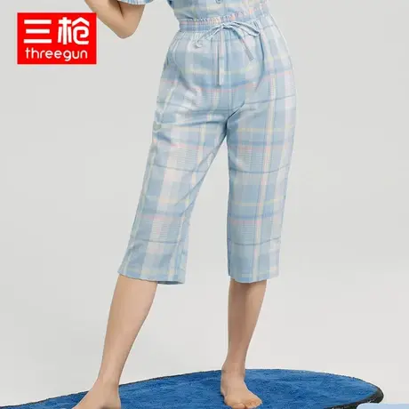 三枪家居裤女纯棉春夏彩格子中裤轻薄透气绑带系绳全棉五分裤睡裤图片
